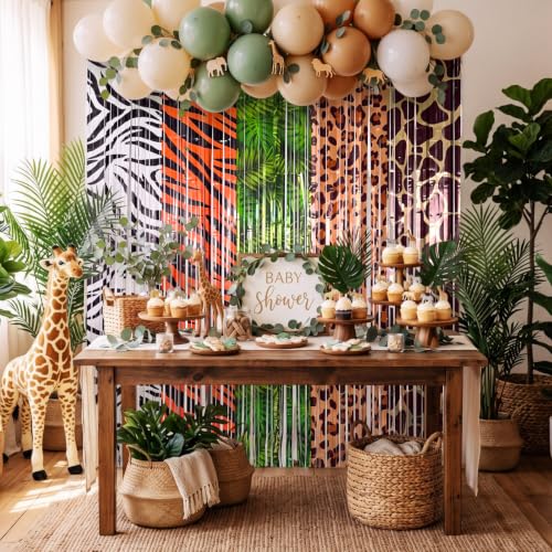 Image of Tiamon 2 Pack Safari Party Decorations 3.3 x 6.6 Ft Foil Fringe Curtains Backdrop Jungle Animals Tinsel Streamers Photo Booth for Wild Baby Shower Birthday Party Supplies