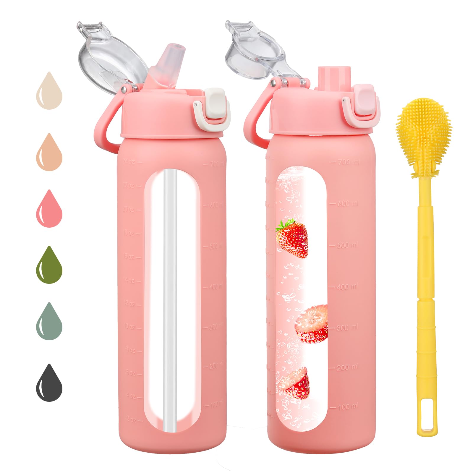 chunmo Bouteille d'eau en verre de 710 ml avec 2 couvercles, couvercle à bec verseur et couvercle à paille, bouteille d'eau motivante avec marqueur de temps et manchon en silicone, étanche, rose
