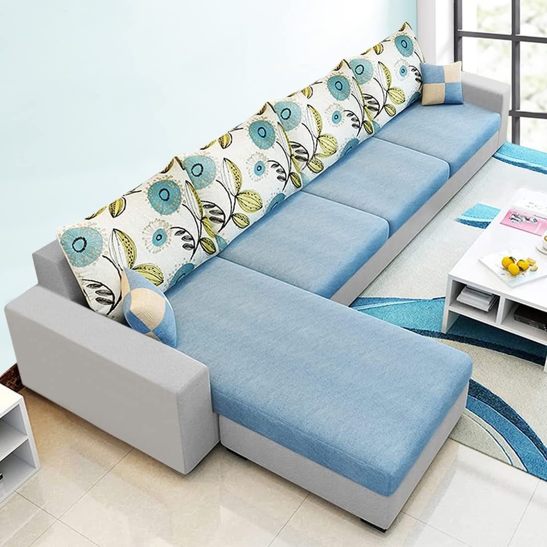 FURNY Yollo 5 Seater Fabric LHS L Shape Sofa Set (Light Blue-Light Grey)