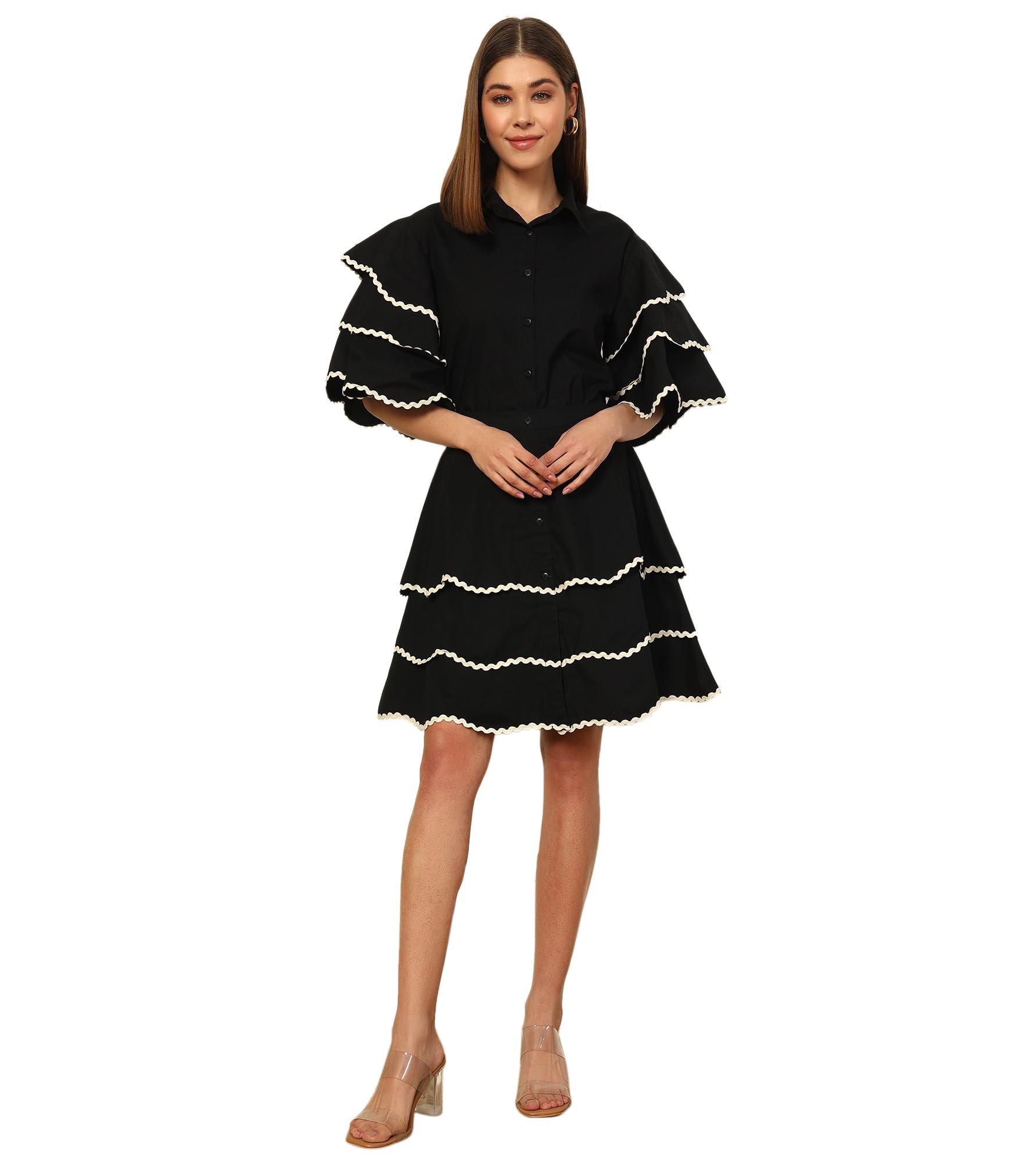 Solid Cotton Shirt With Layered Skirt Women's Co-Ord Set|Bell Layered Sleeves Collared Neck Mid Length Relax Fit Summer Western Casual Wear Ladies Cord Set