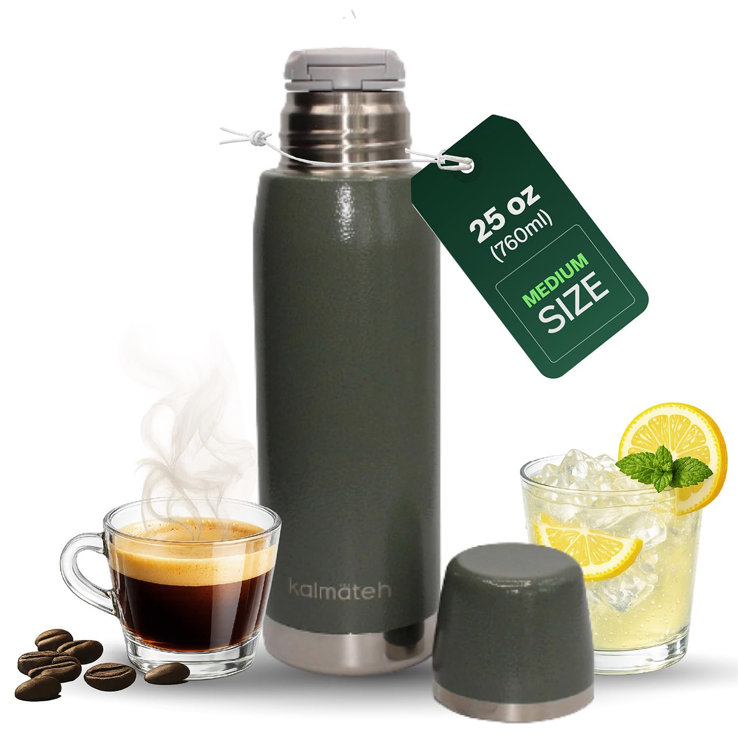 KALMATEH Termo de acero inoxidable con aislamiento al vacío de doble pared (760 ml), vertido preciso y retención de calor, para yerba mate, café, té, camping (verde militar)