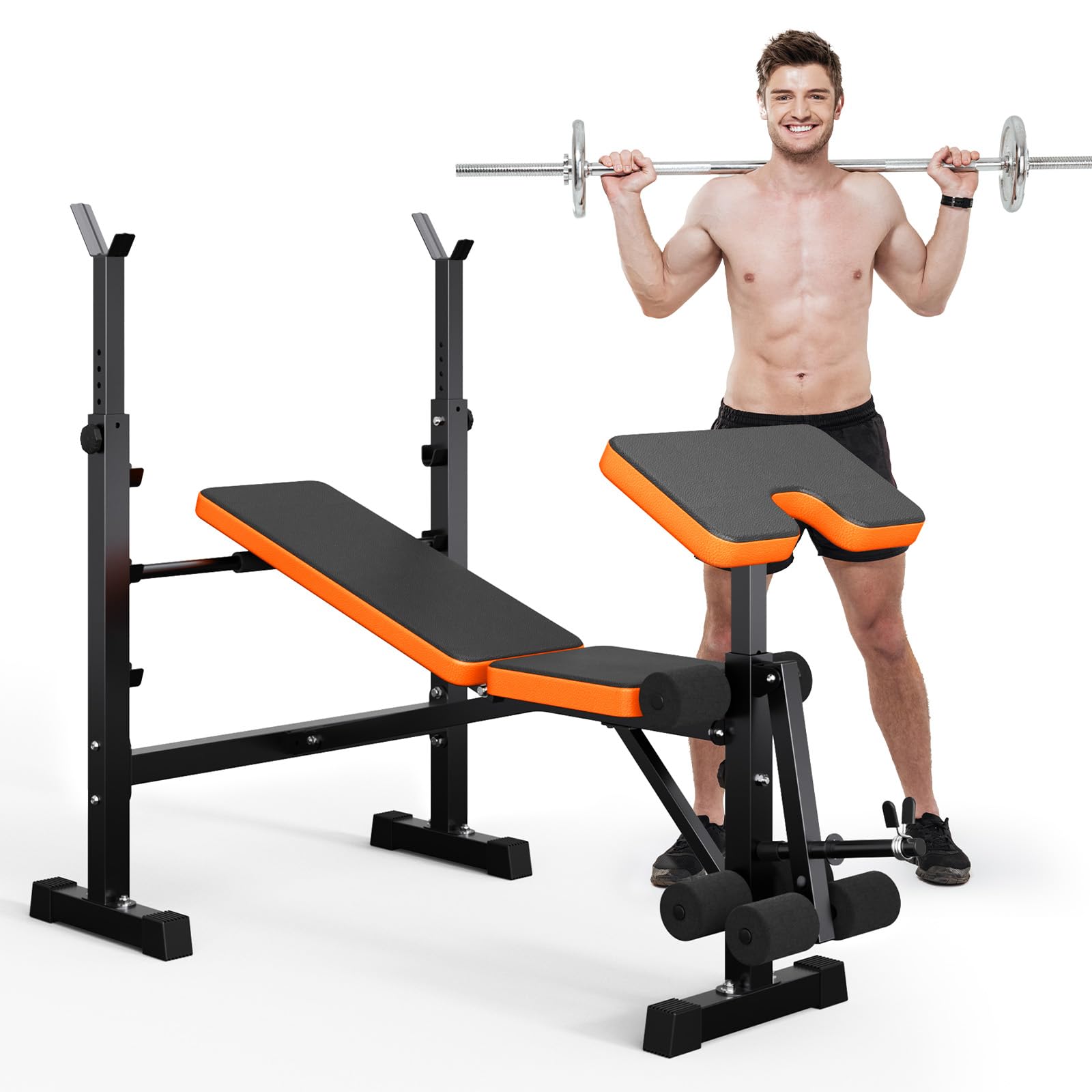 YOLEO 6 in 1 Weight Bench Set for Home Gym, Adjustable & Foldable Weight Bench, Workout Bench with Squat Rack for Bench Press Sit up Incline Flat Decline