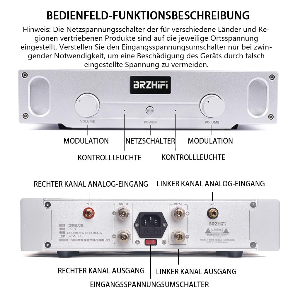 A1S Reiner-Klasse-A-Endverstärker 20W×2 HiFi Stereo Audio Endstufe | 2.0 Kanal | Kompatibel mit Desktop- und Regallautsprechern | Farbe: Silber