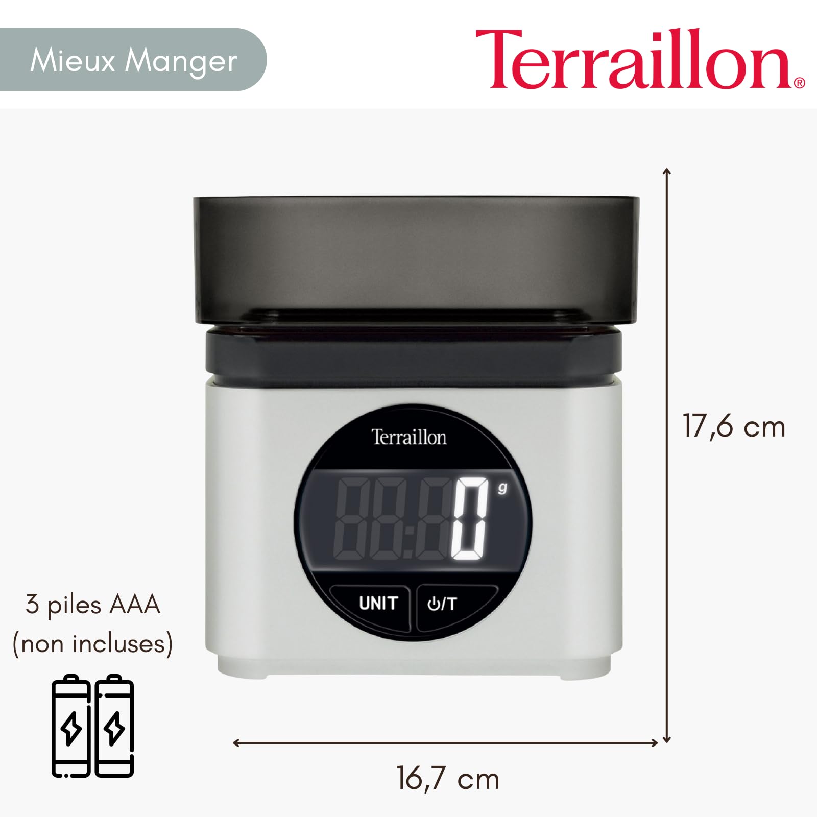 TERRAILLON - BA22 MYTHIQUE - Elektronische Küchenwaage, ikonisches und Retro-Design, integrierte Schüssel 0,7 l, großes LCD-Display, XXL-Ziffernanzeige, Tara-Funktion, Grau