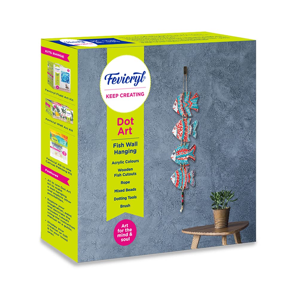 Fevicryl Dot Art DIY Kit | Fish Wall Hanging | Kit Contains Dotting Tools, Acrylic Colours, Wooden Fish Cutouts, Rope, Mixed Beads, Brush, DIY Kit for Gifting, Gift for Artists, Students, Children