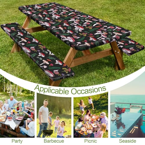 Image of Picnic Table Cover with Bench Covers 6FT 3 Pcs Waterproof Windproof Aesthetic Camping Tablecloth with Drawstring Bag, Fitted for 6 Foot Rectangle Tables and Seats, 72 inch, Black Green Red