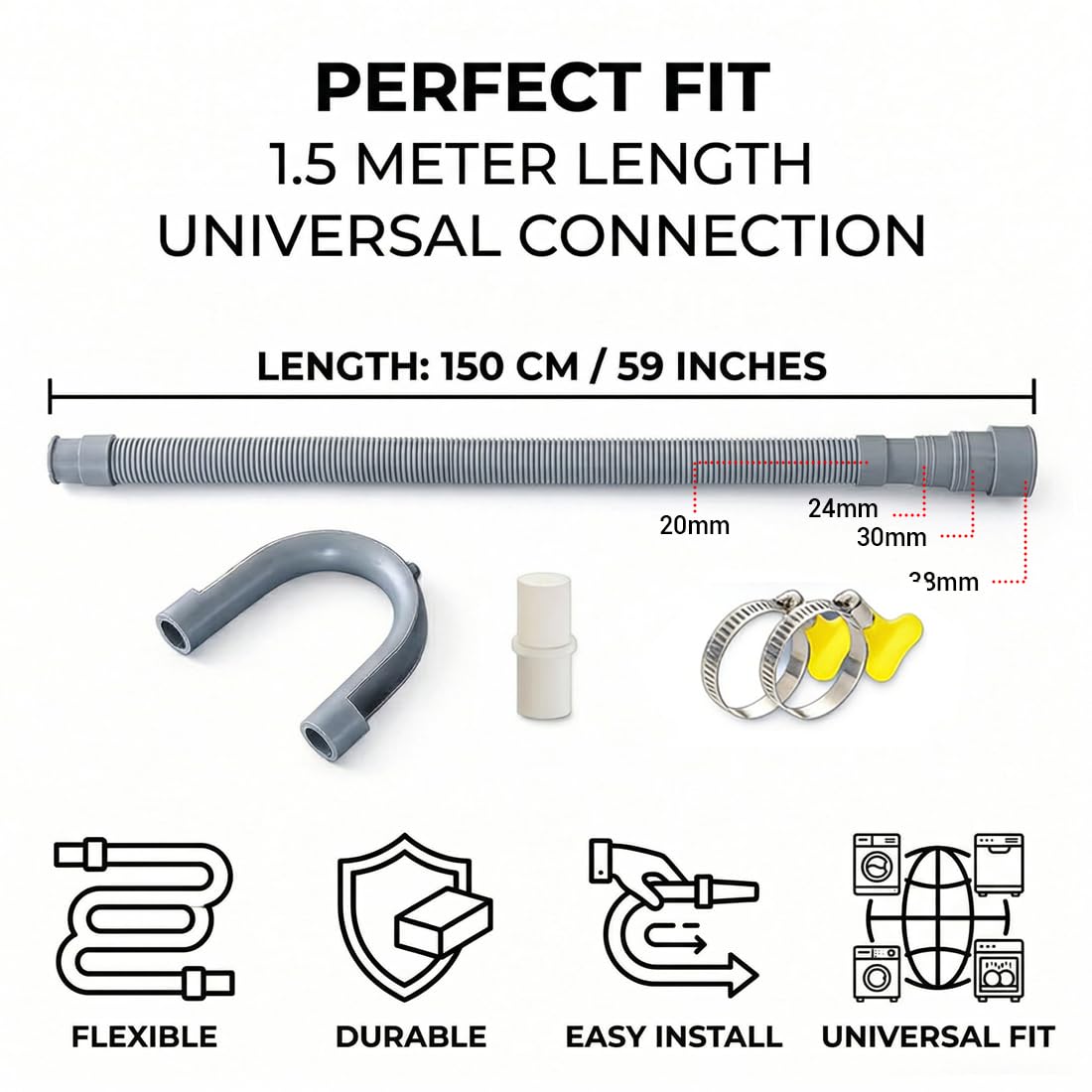 Manguera Desague Lavadora, Tubo Desagüe universal Lavavajillas, juego de extensión, con conector y abrazaderas, para Lavadora y Secadora, Aparatos de Aire Acondicionado, manguera de desagüe de 1.5M — view 2