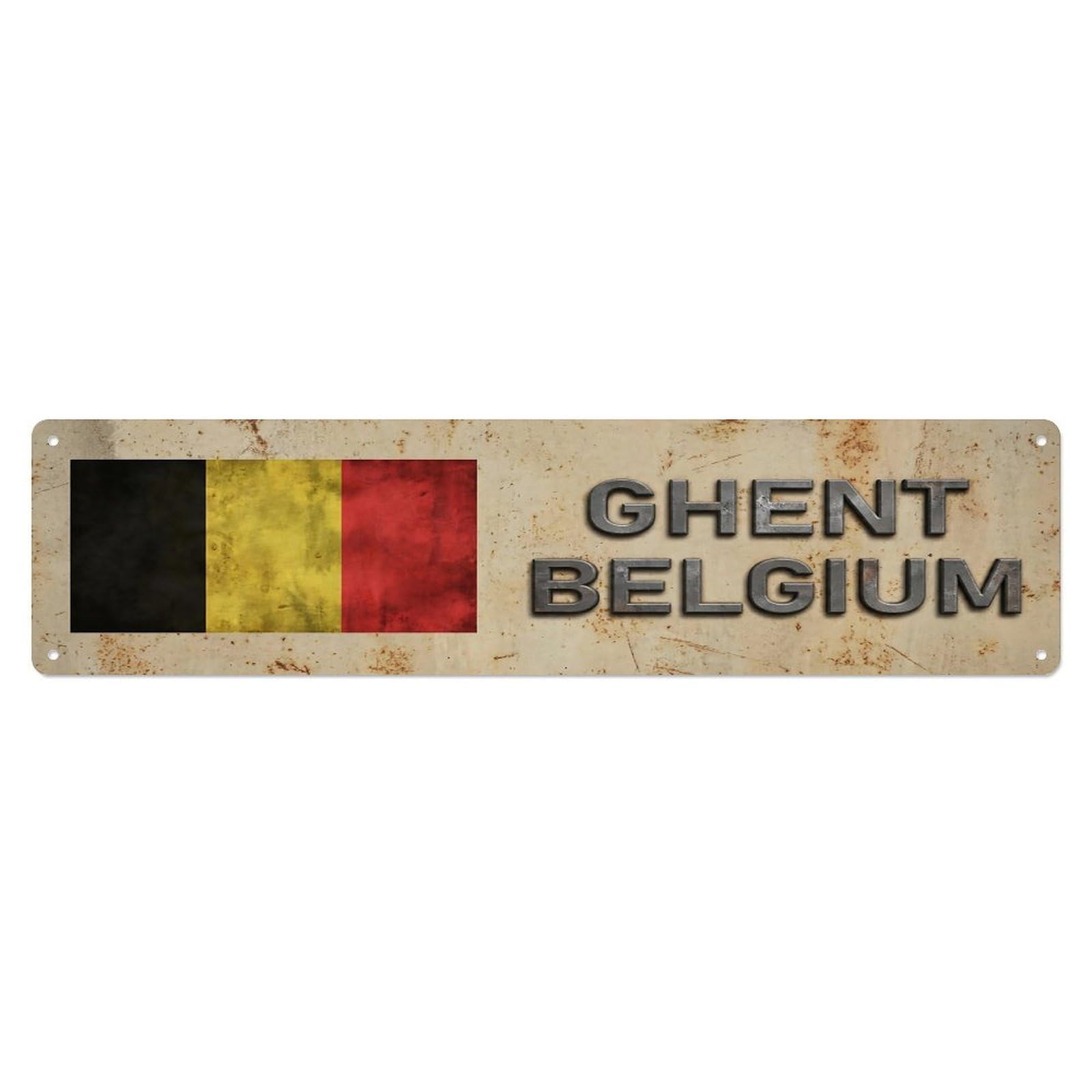 Vintage Ghent Belgium Flag Decor Rustic Travel Metal Tin Sign