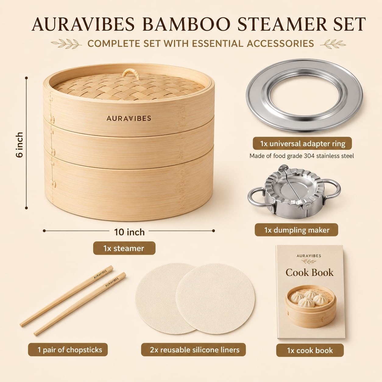 Bamboo Steamer Basket 10 Inch 2 Tier with Stainless Steel Ring & Lid, Natural Bamboo Steamer for Dumplings, Dim Sum, Bao Buns, Momos, Vegetables, Rice & Seafood