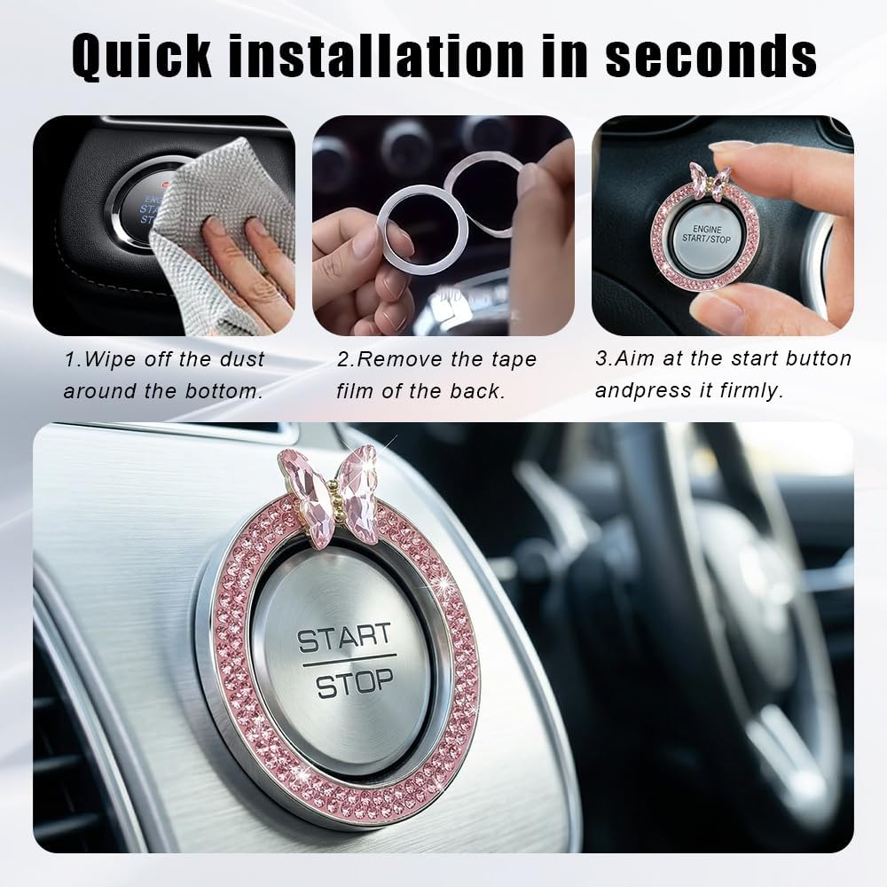 Car Bling Push Start Button Cover, Sparkling Crystal Engine Start Button Decal Cover, Girly Car Interior Accessories for Women (Pink Butterfly)