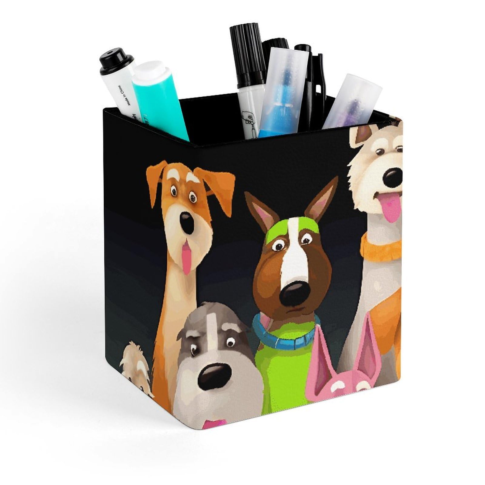 FekiLoot Dogs Pencil Holder Square Leather Pen Holder Cup Modern Multi-Functional Pencil Cup Holder Decorative Desk Organizer Caddy Makeup Brush Holders for Desk Office