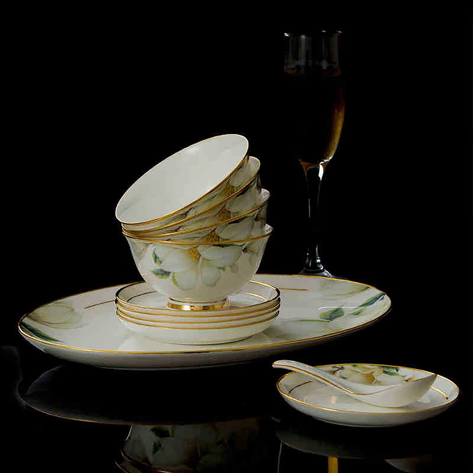60-częściowy zestaw naczyń z porcelany kostnej, z miseczkami na musli, talerzami deserowymi, talerzami do zupy, talerzami rybnymi i garnkiem do zupy, dla 10 osób, nadaje się do mycia w zmywarce i