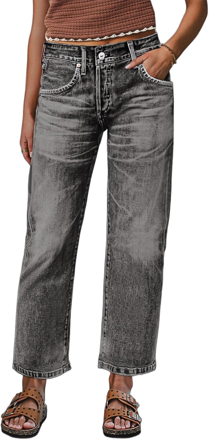 Flamingals Straight Leg Crop Jeans for Women Wash Raw Hem Mid Waist Jeans