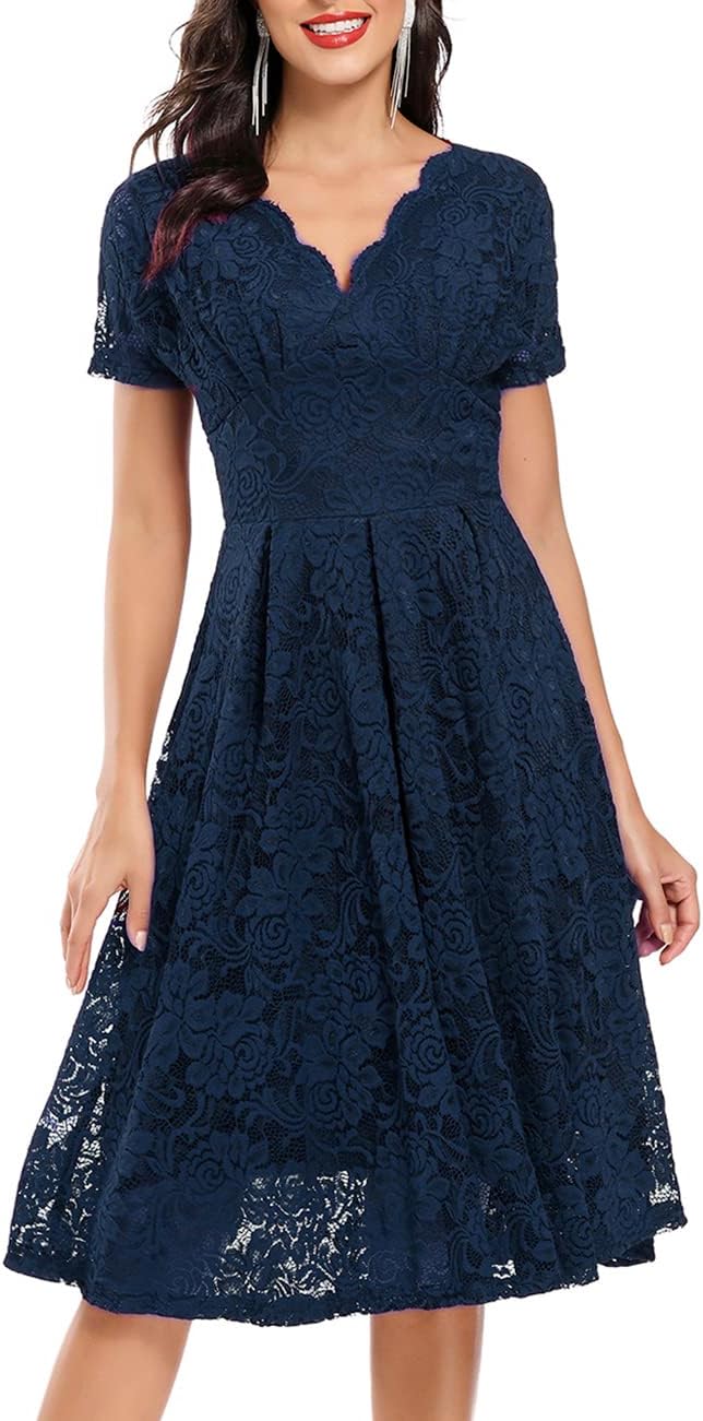 SEBOWEL Women Floral Lace V Neck Short Sleeve Formal Dress Swing A-Line Wedding Bridesmaid Cocktail Party Midi Dresses