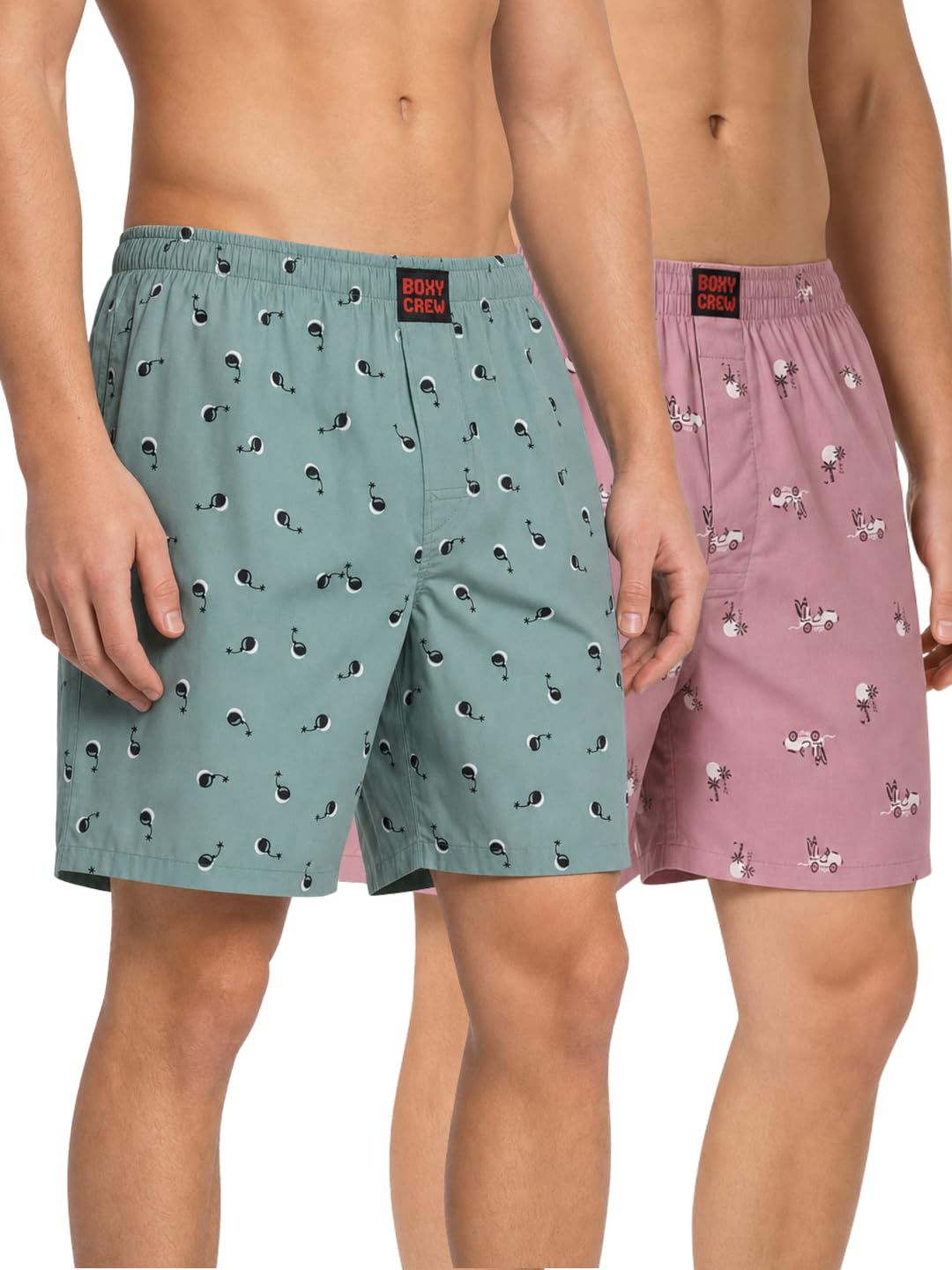 Men's 100% Cotton Printed Boxer Shorts Pack of 2 with Dual Side Pockets and Fabric-Covered Waistband - Green/Pink, Styles MBX023, MBX028-image-42