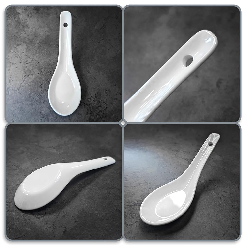 Yeenano Porcelain Soup Spoons,6 pcs Ceramic Chinese Soup Spoons,Chinese Won Ton Spoons Asian Soups Japanese Ramen Spoons,Porcelain Spoon Set for Rice Bowls,Ramen,Appetizers,Dim-Sum Spoons (White) - Image 4