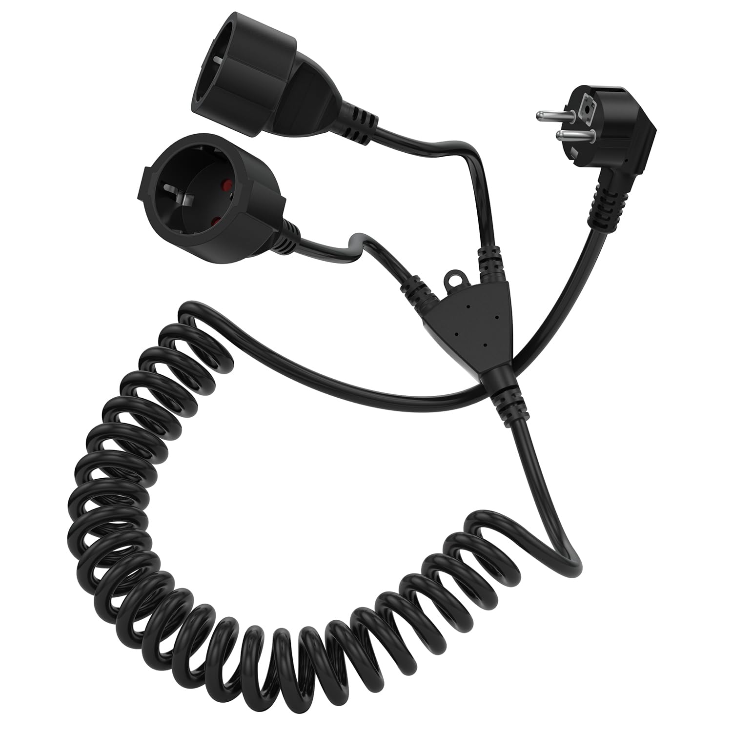 Doppelstecker für Steckdose,Verlängerungskabel Schuko,Doppelsteckdose Spiralkabel dehnbar 0.75–2m, 4000W Spiral Verlängerung mit 2 Doppelstecker Steckdosen (AC-2 Plug-TH-DE-Black)