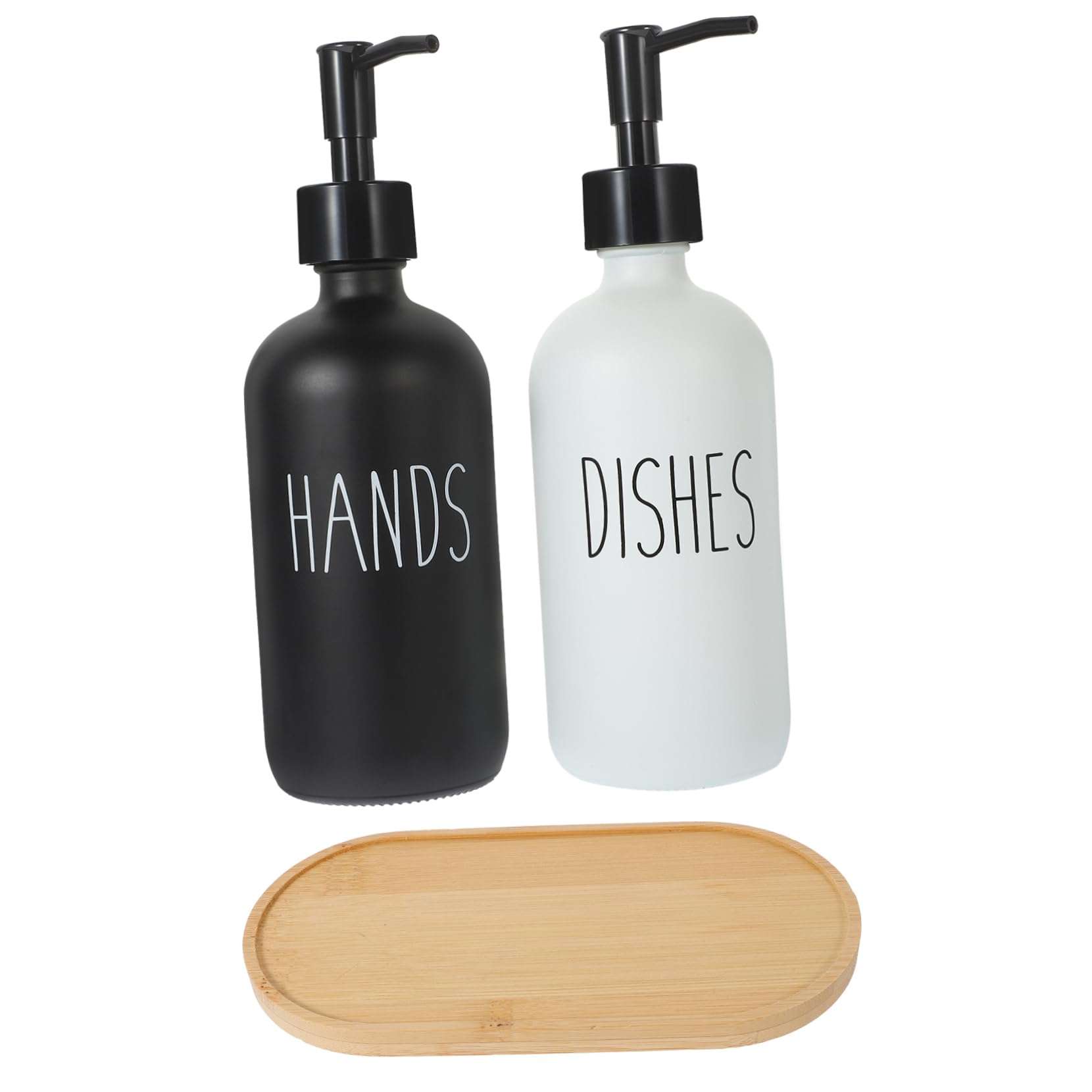 WOONEKY Set 1 Flacone Dosatore in Vetro 500ml con Pompa e Vassoio in Bambù, Ricaricabile, per Sapone Liquido in Cucina e Bagno