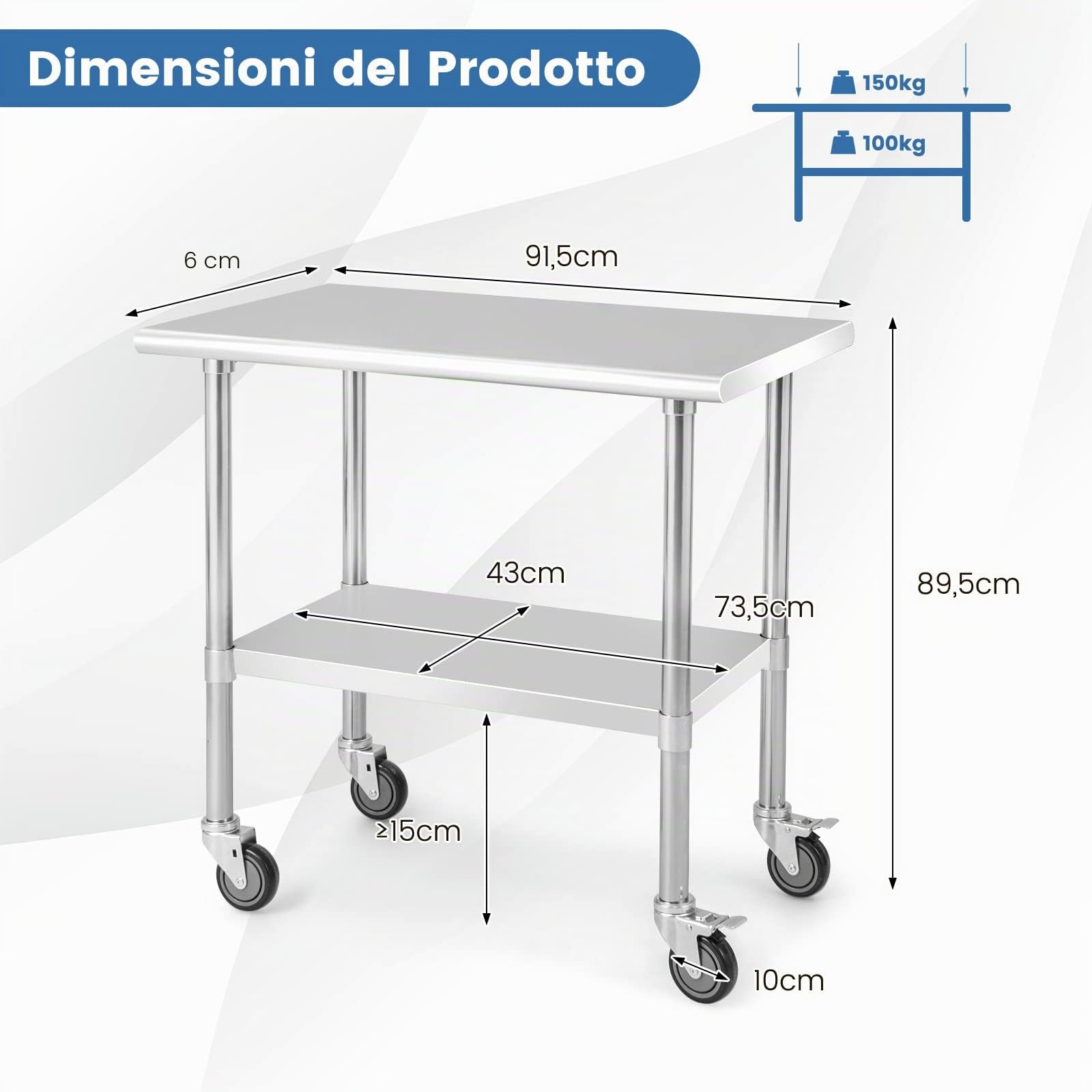 COSTWAY Tavolo da Lavoro in Acciaio Inox, Tavolo di Preparazione Alimentare/Porta Attrezzi con Ruote e Ripiano Inferiore Regolabile, per Cucina, Ristorante, Officina e Garage, 91,5 x 61 x 89,5 cm