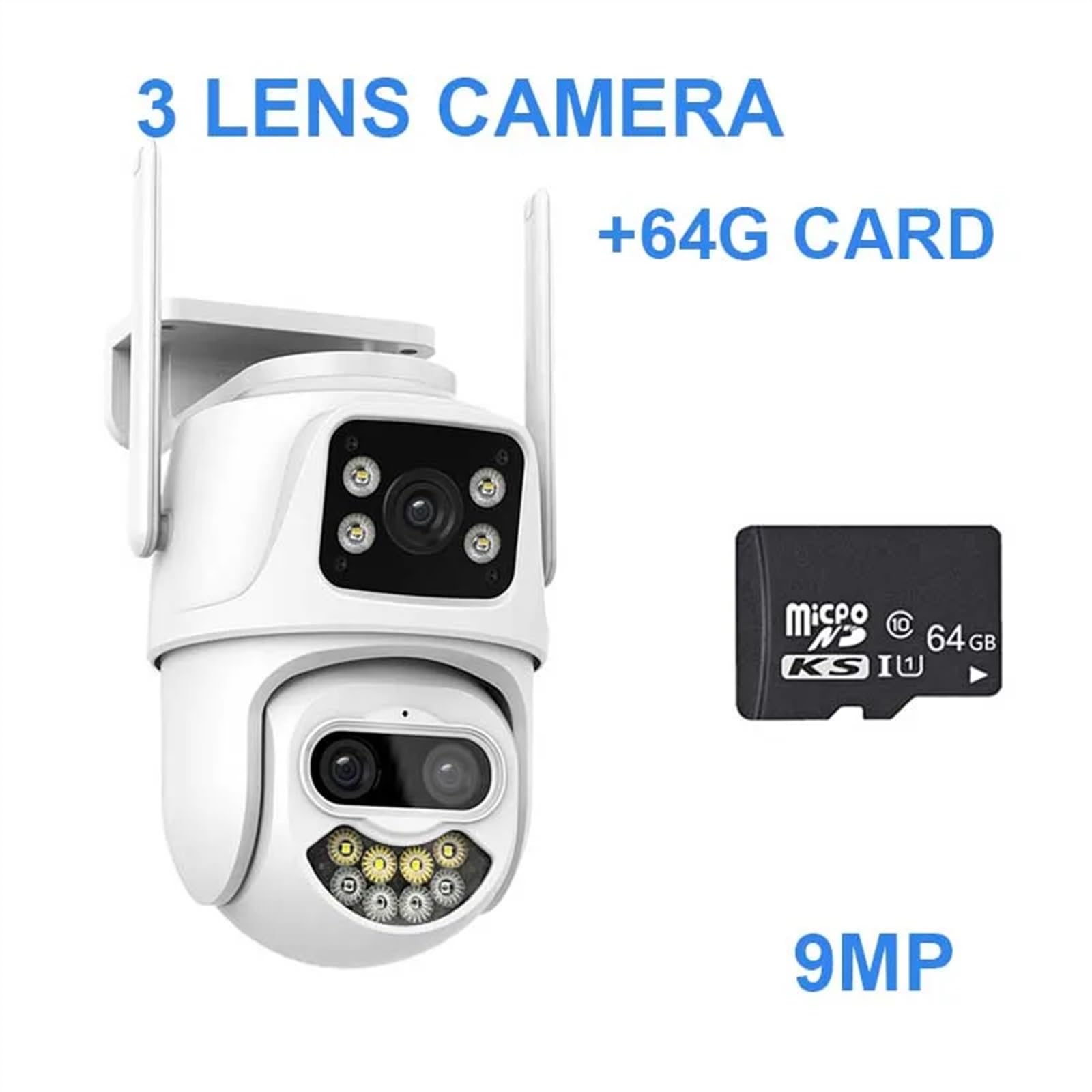 Telecamera di sicurezza, Telecamera 9MP for esterni Zoom 8X Tre lenti Doppio schermo Audio Sicurezza domestica PTZ Monitoraggio automatico Video sorveglianza CCTV(3 Lens Cam add 64G)