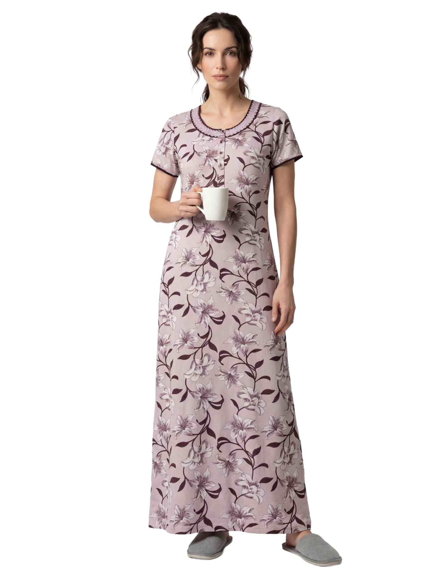 sweet dreams Women's Elegant Floral Lily Print Nightgown, Soft 100% Cotton Full-Length Sleep Dress, Short Sleeve Loungewear with Decorative Lace Neckline and Button Detail.-picture-27