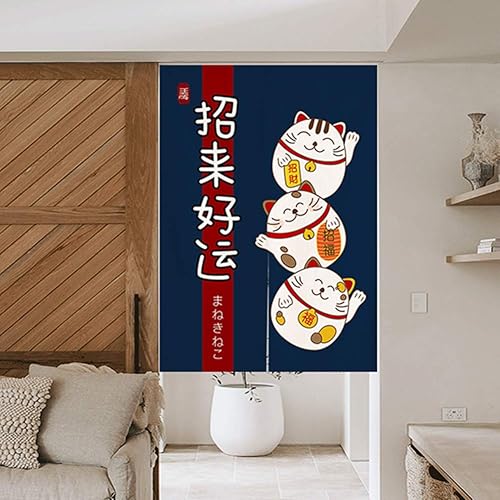 Miniatura 10 de Cortina japonesa Noren para puerta, tapiz Maneki Neko Lucky Cat y Mount Fuji, cortina de puerta impresa Ukiyoe Cherry Blossom Divisor de habitación,