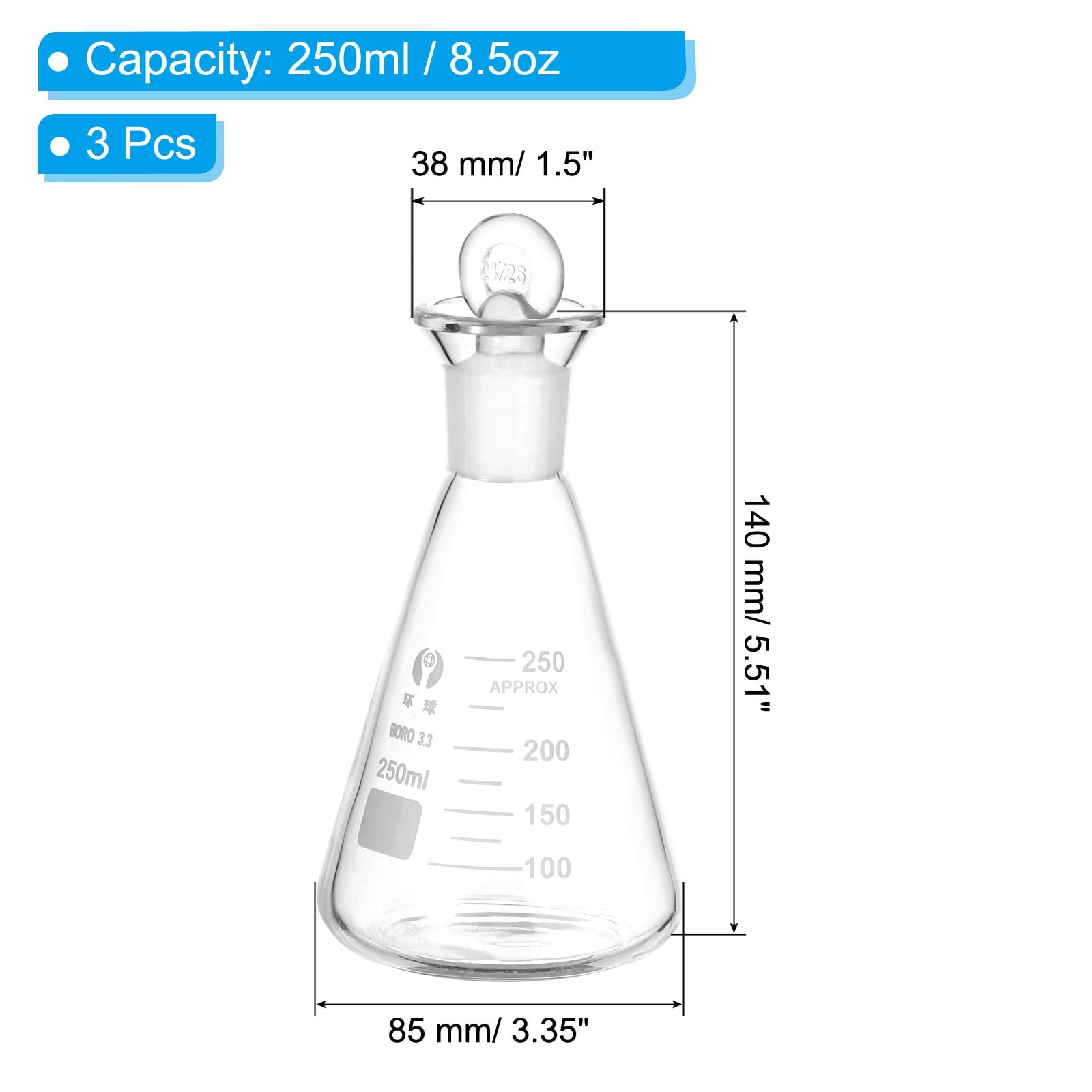 PATIKIL Erlenmeyer-Kolben 3 Stück 250ml 8.5oz Schmale Öffnung Messkolben Mit Glasstopfen Borosilikatglas Kolben Mit Aufgedruckter Skala Für Laborversuche Chemie Wissenschaft