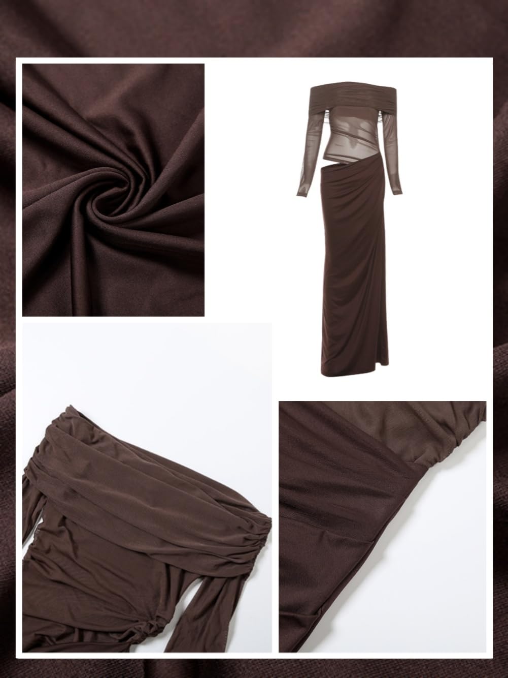 Vestido Mujer Manga Larga con Hombros Descubiertos Elegante Vestidos Largo de Fiesta Sexy Vestido Ajustado de Malla Transparente Otoño Bodycon Plisado Maxi Vestido para Cóctel Boda Ceremonia