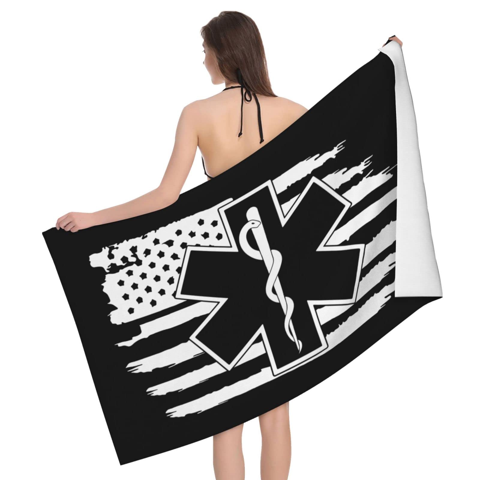 Lsjuee American Flag EMS Star of Life EMT Bath Towel Absorb Water Quick Dry Bath Towel, for Beach, Swimming Pool, Camping