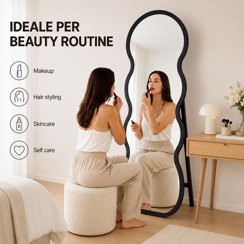 Shally Dogan Specchio Ondulato Autoportante con Struttura in Legno Resistente, Decorazione per Interni Design Moderno, Specchi Figura Intera Indipendente da Terra, 160 x 60 cm, Nero