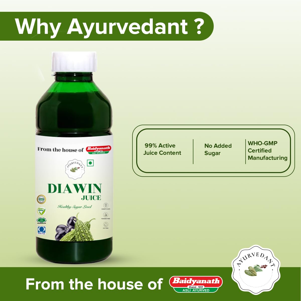 Ayurvedant Diawin Juice 1L – Ayurvedic Juice for Diabetes Care with Neem, Tulsi, Giloy, Jamun, Karela & Dalchini – Herbal Supplement 3