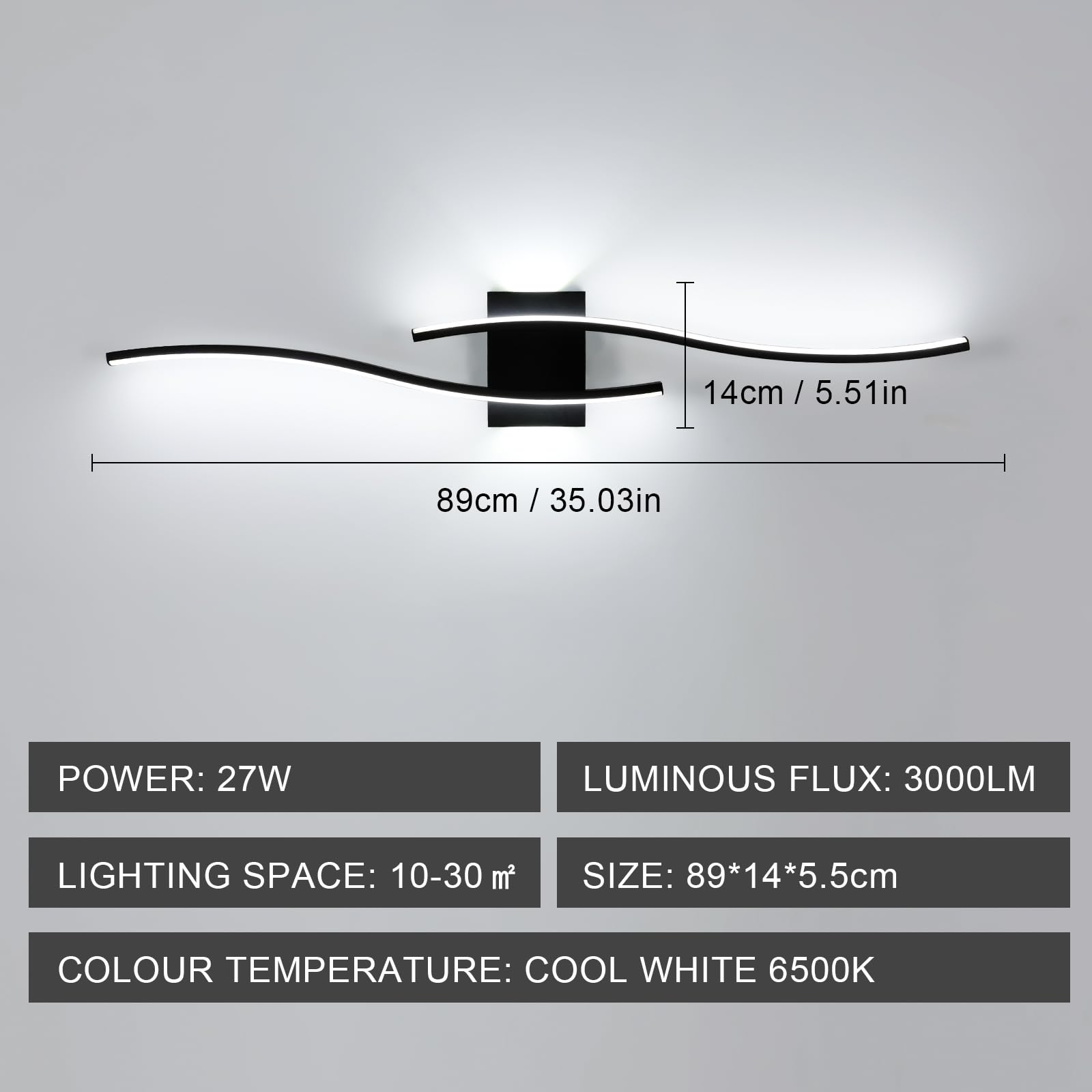 Comely Applique da Parete Interno in Alluminio, Nera Linea Lunga Lampada da Parete Moderna, Minimalista Lampada a Muro per Camera da Letto Soggiorno Corridoio Ufficio Scala, Bianco Freddo 6500K