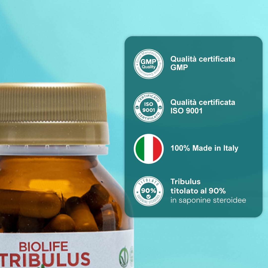 BIOLIFE Tribulus Terrestris | 60 capsule da 655 mg | Titolato 90% SAPONINE ATTIVE | Prodotto VEGANOK, tribulus terrestris alto dosaggio, integratore testosterone uomo, integratore naturale