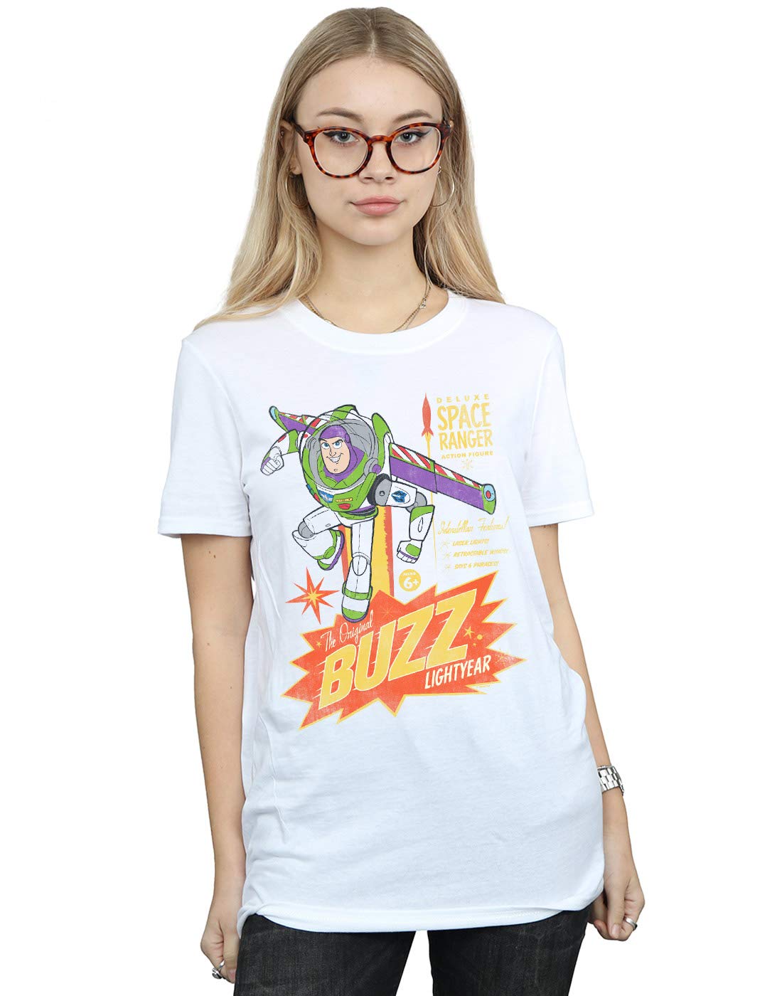 Absolute Cult Women's White Disney Toy Story 4 The Original Buzz Lightyear Boyfriend Fit T-Shirt Small