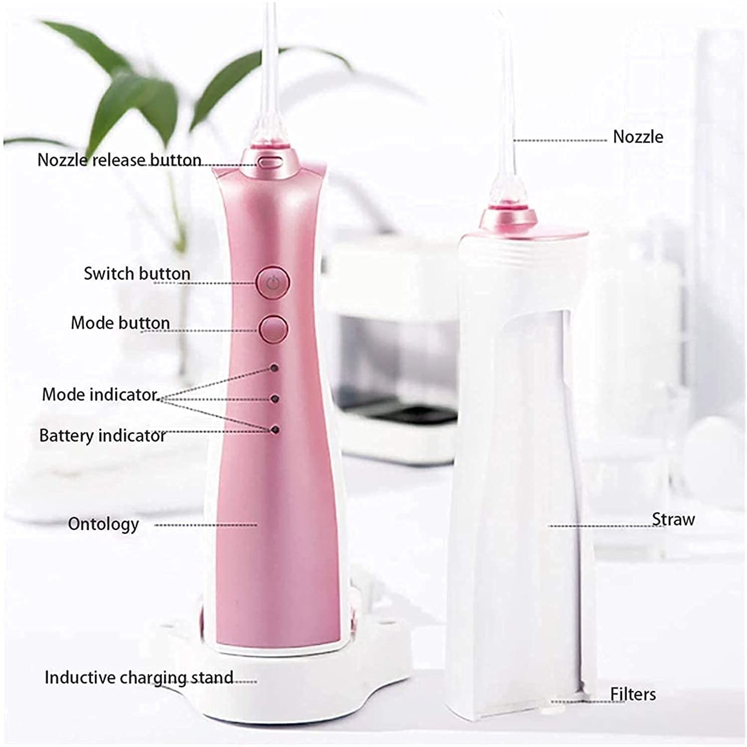 Limpiador de dientes de floress de agua inalámbrico, USB Irrigador oral recargable para viajes, IPX7 Impermeable, hilo dental de agua de 3 modelos con 2 puntas de jets 360 ° Boquilla giratoria p
