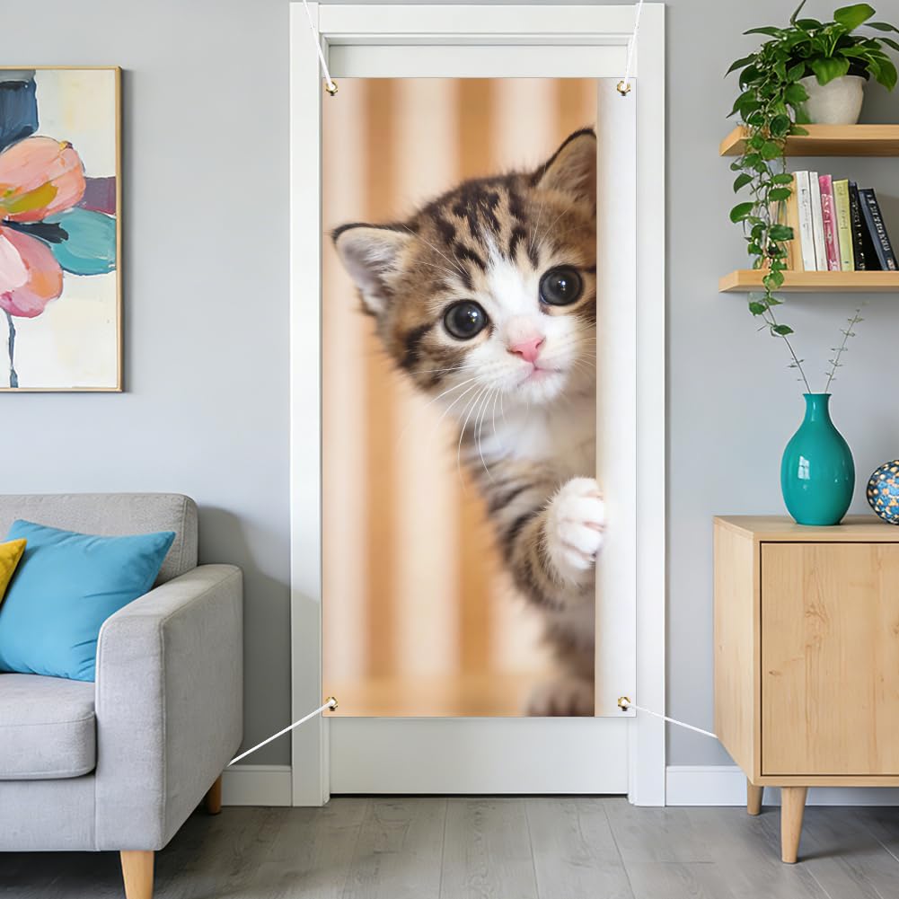arricraft 1pc Polyester Door Decorative Cover, Cute Probe Kitten Patterns Backdrop Banner Door Porch Sign Photography Background for Home Party Decor 72.8x35.4 Inches