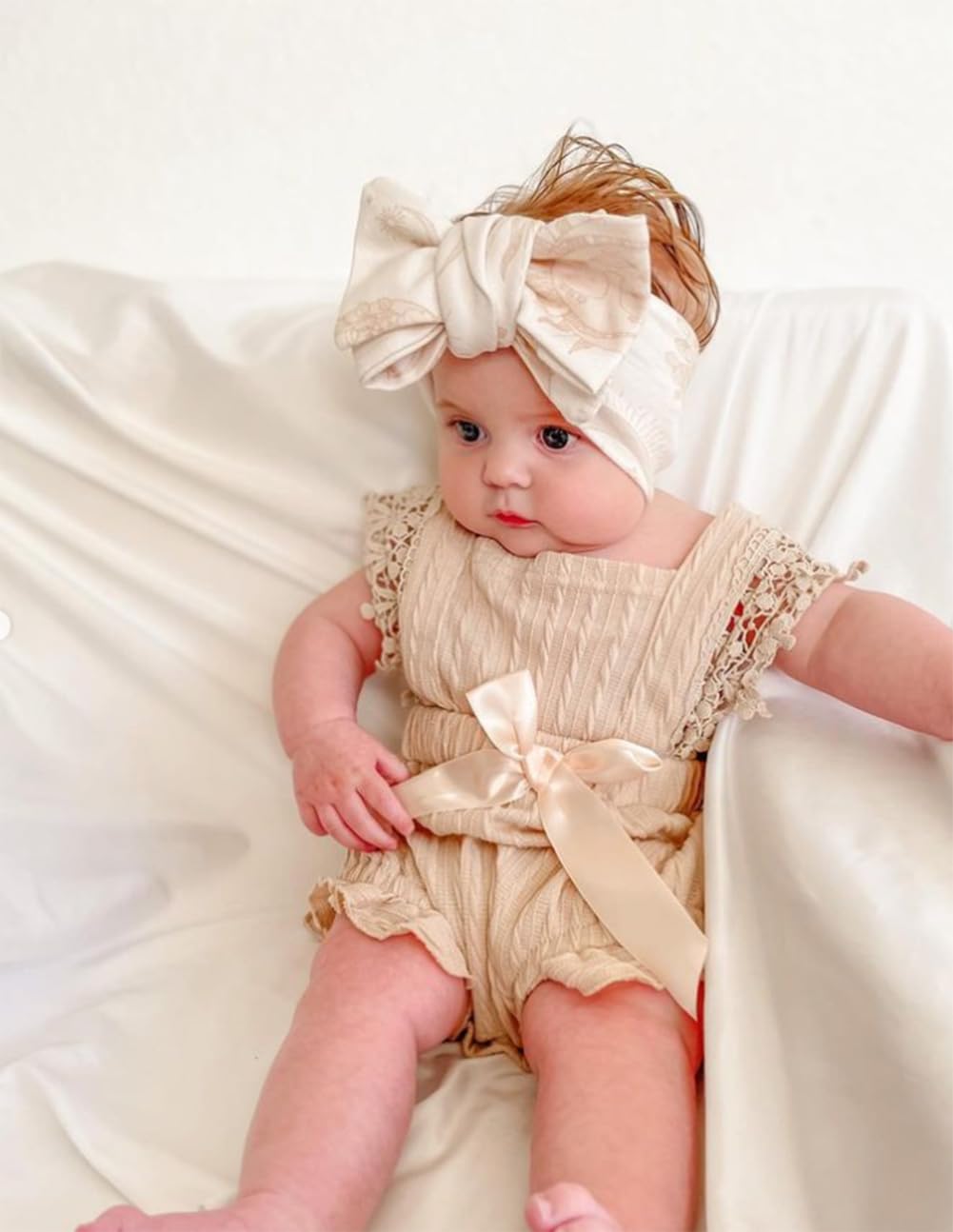 Newborn Baby Girl Sleeveless Ruffle Romper Square Neck Lace Cuffs Backless Cute One Piece Bodysuit Jumpsuit Outfit (Beige, 6-12 Months)