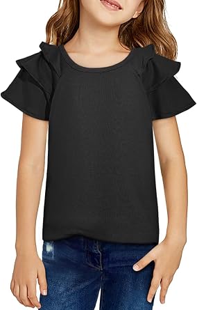 DOKOTOO KIDS Girls Ruffle Sleeve Shirts Summer Cute Crewneck Blouse Tops 6-15 Years