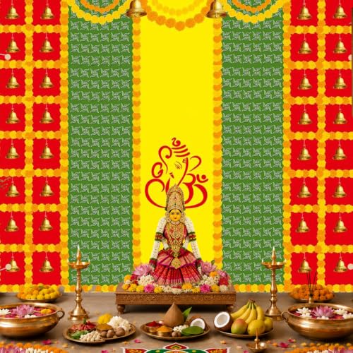 Image of Party Propz Ganpati Backdrop Decoration -1Pc (8ft*5ft) Ganpati Decoration Setup for Home, Varamahalakshmi Decorative Items, Pooja Backdrop Cloth, Haldi Backdrop, Annaprasana Backdrops, Haldi Decor