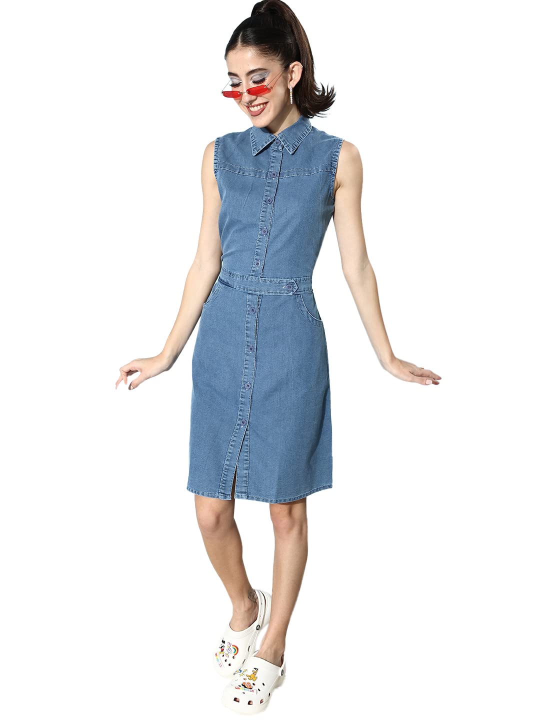StyleStoneWomen'sLight Blue Denim Dress with Front Button Detail