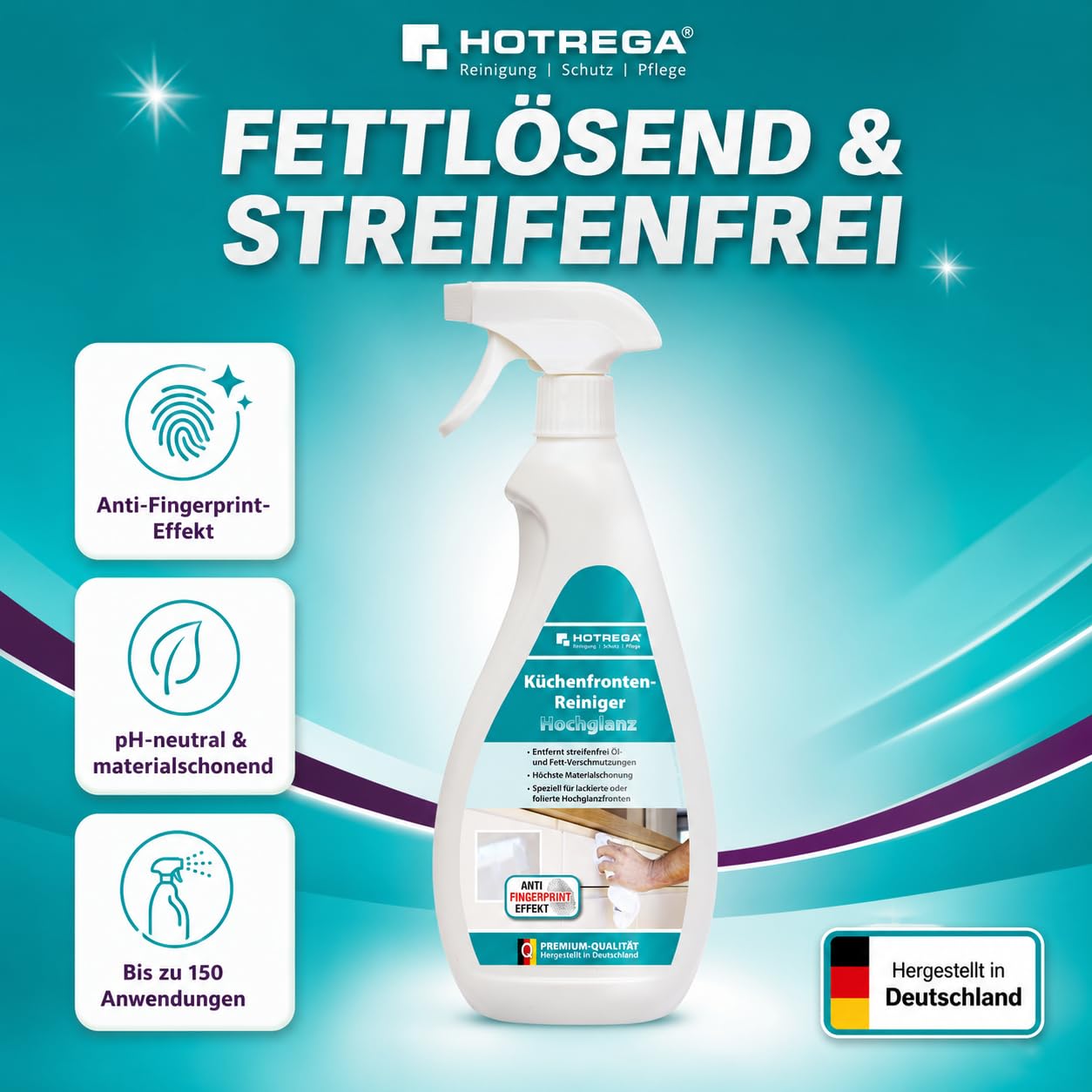 HOTREGA Küchenfronten Reiniger Hochglanz 2250 ml | Fettlösend & | pH-neutrale Pflege für Lack & Folien | Anti-Fingerprint-Effekt | Schutz vor Staub, Öl, Schlieren & Kratzern | 3x 750 ml