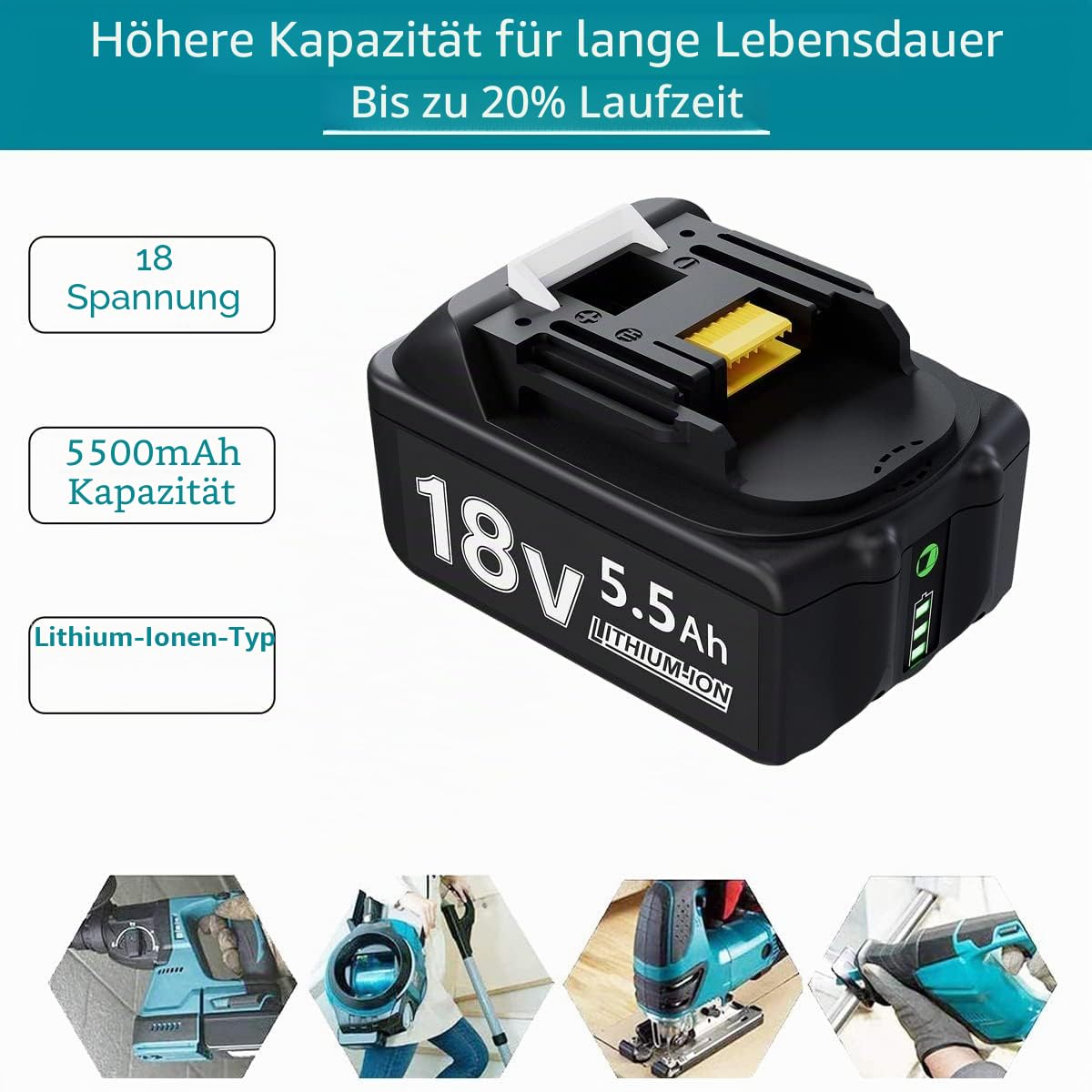 Ersatzakku für Makita Akku 18V 5500mAh mit DC18RC 4A Ladegerät | Kompatibel mit Akku Kompatibel mit Ladegerät BL1860 BL1860B BL1850 BL1850B BL1840 BL1830 BL1820 LXT400