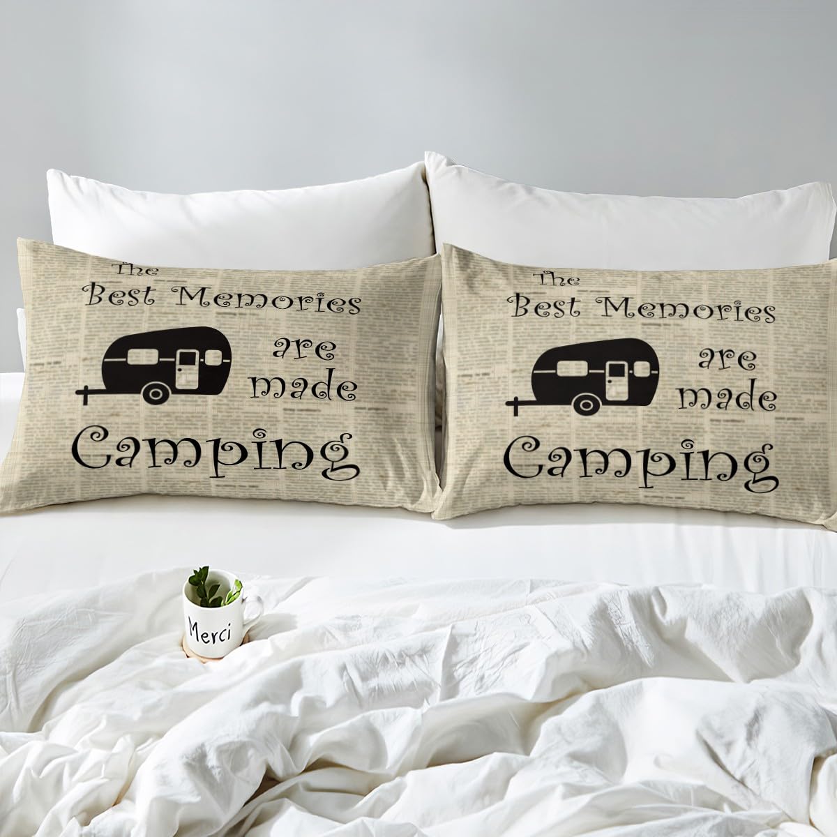 Camper Happy Camping - Set di biancheria da letto per letto singolo, motivo geometrico scozzese patchwork, 2 pezzi, per bambini e ragazzi, decorazione per camera da letto, motivo avventura, stile