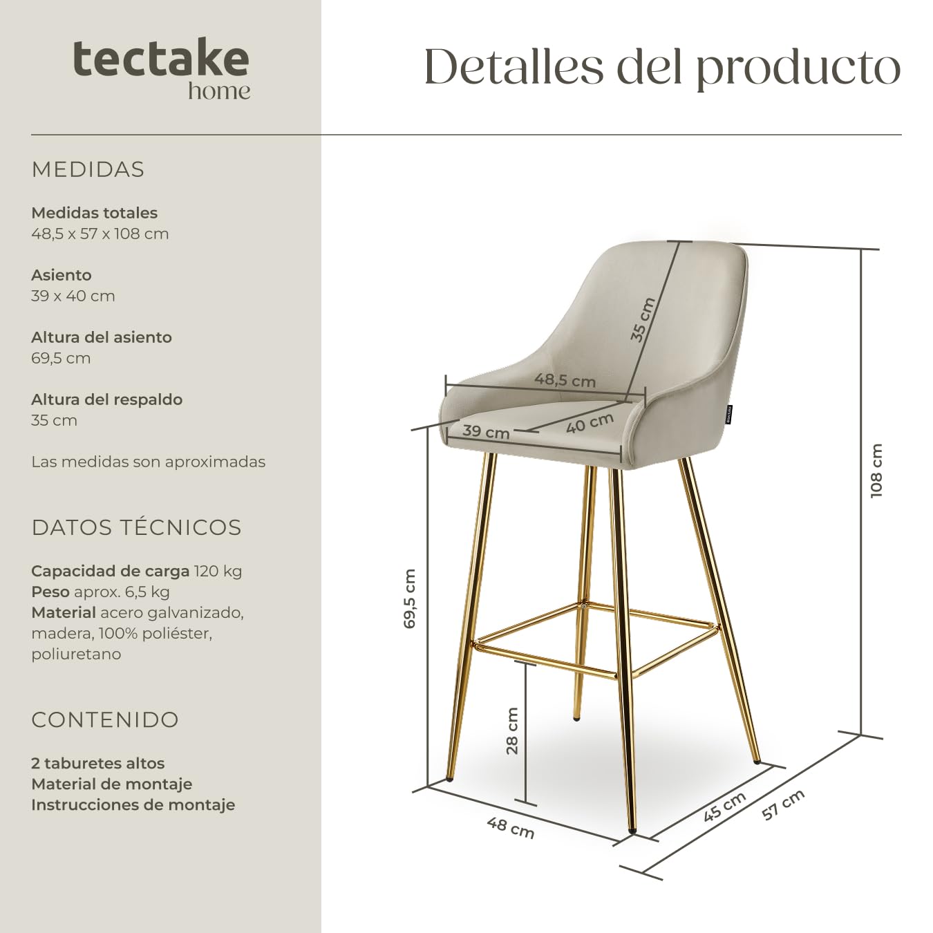 tectake® Taburete Alto con Respaldo, Acolchado, Terciopelo Suave, Patas Acero Galvanizado, Pies Antideslizantes, Altura Ajustable, Carga Máx: 120 kg, Silla Cocina o Bar - 2 sillas Crema/Oro