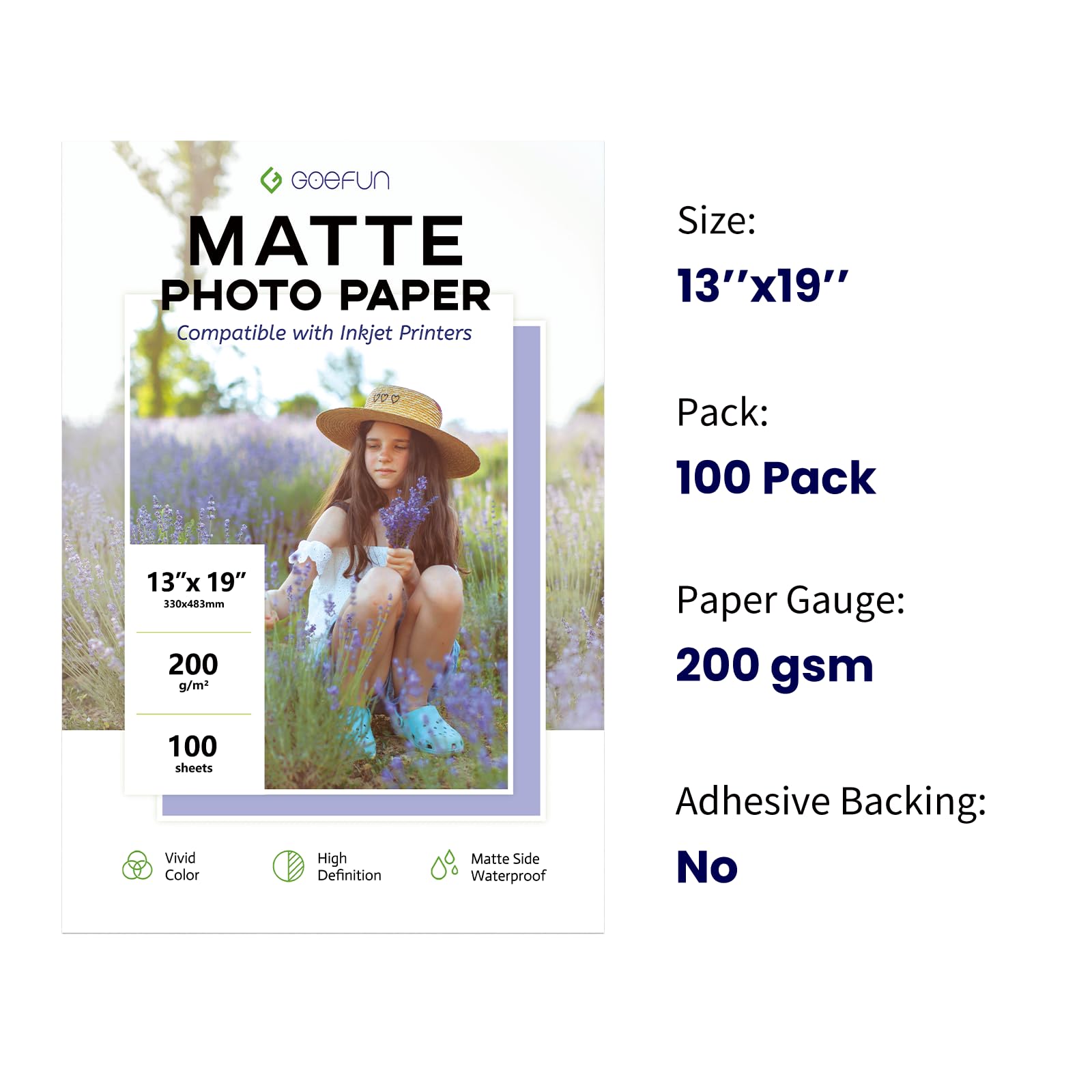 Fotopapier, matt, 33 x 48 cm, 24,5 kg, Goefun 13 x 19 Druckerpapier, 100 Blatt | 200 GSM Inkjet Fotopapier für Drucker für Poster und Kunstdrucke