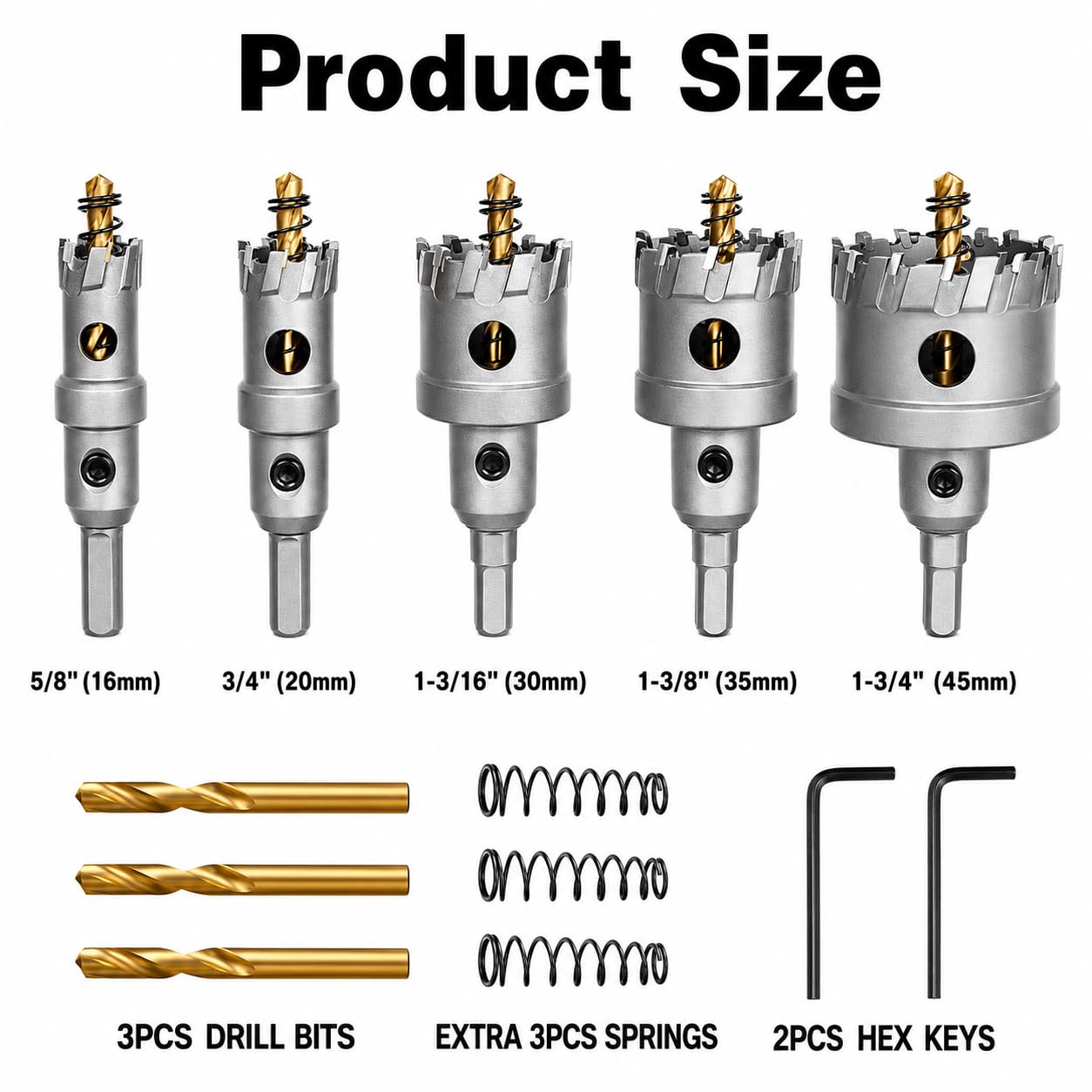 Kit Sierra Perforadora TCT 5 Piezas 16-45mm para Metal | 3 brocas piloto, 2 llaves hexagonales, maletín, dientes de carburo, acero inoxidable hierro aluminio chapa tubo