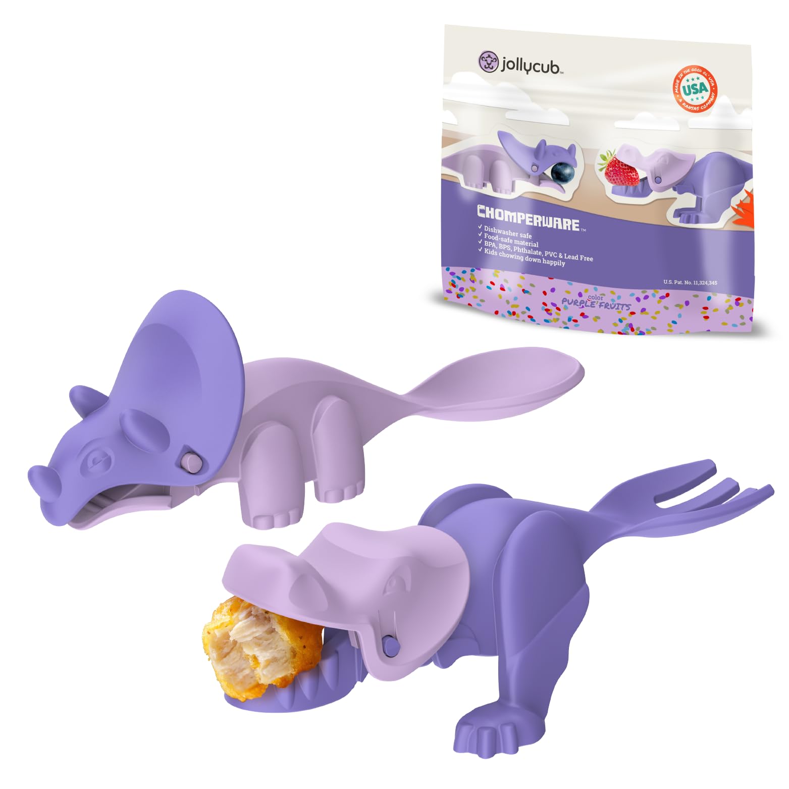 Jollycub® インタラクティブ幼児用食器 Dino Chomperware™ 子供用シルバーウェアセット BPAフリー 米国製 (パープルフルーツ)