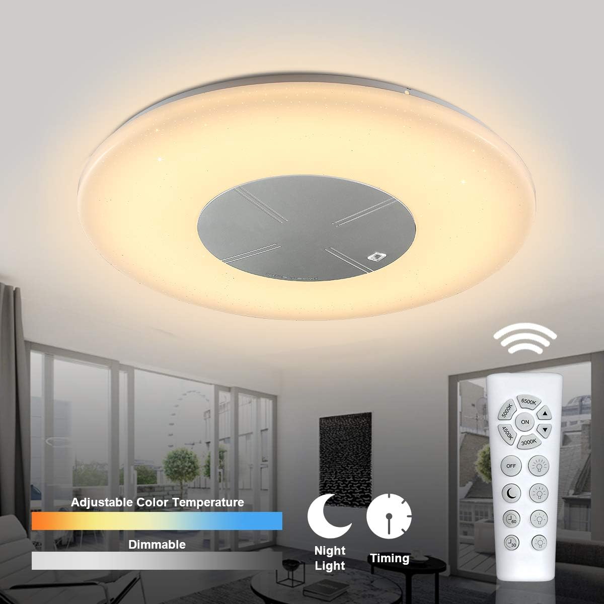 CORSO 48W 3500Lm Dimmable Led Flush Mount Ceiling Light with Remote, 18 Inch Round Close to Ceiling Lights Fixture for Bedroom/Living Room/Dining Room Lighting, Timing, 3000K-6500K Color Changeable