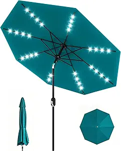 9 Ft Patio Umbrella with Solar Lights, 8 Ribs Outdoor Market Table Umbrella with 32 LED Lights & Tilt Crank for Pool, Deck, Backyard, Turquoise Blue