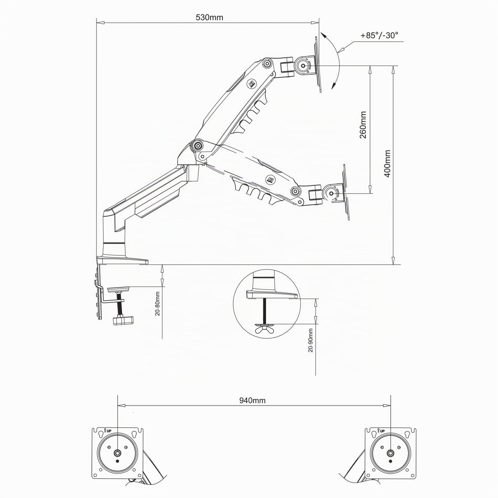 Support de Bureau orientable avec Ressort à gaz pour Deux écrans PC LCD LED 17-32 Pouces jusqu'à 2x9 kg